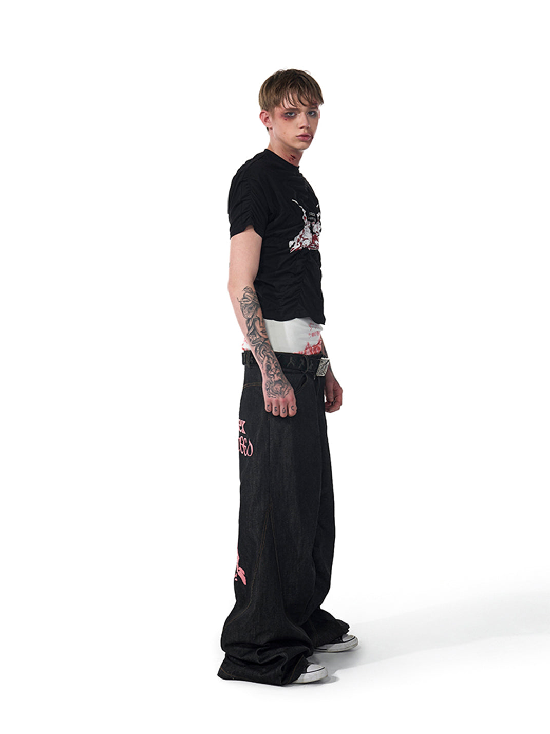 Fourth3ex | Black Red Print Pleated T-Shirt - PSYLOS 1, Fourth3ex | Black Red Print Pleated T-Shirt, T-Shirt, Fourth3ex, PSYLOS 1
